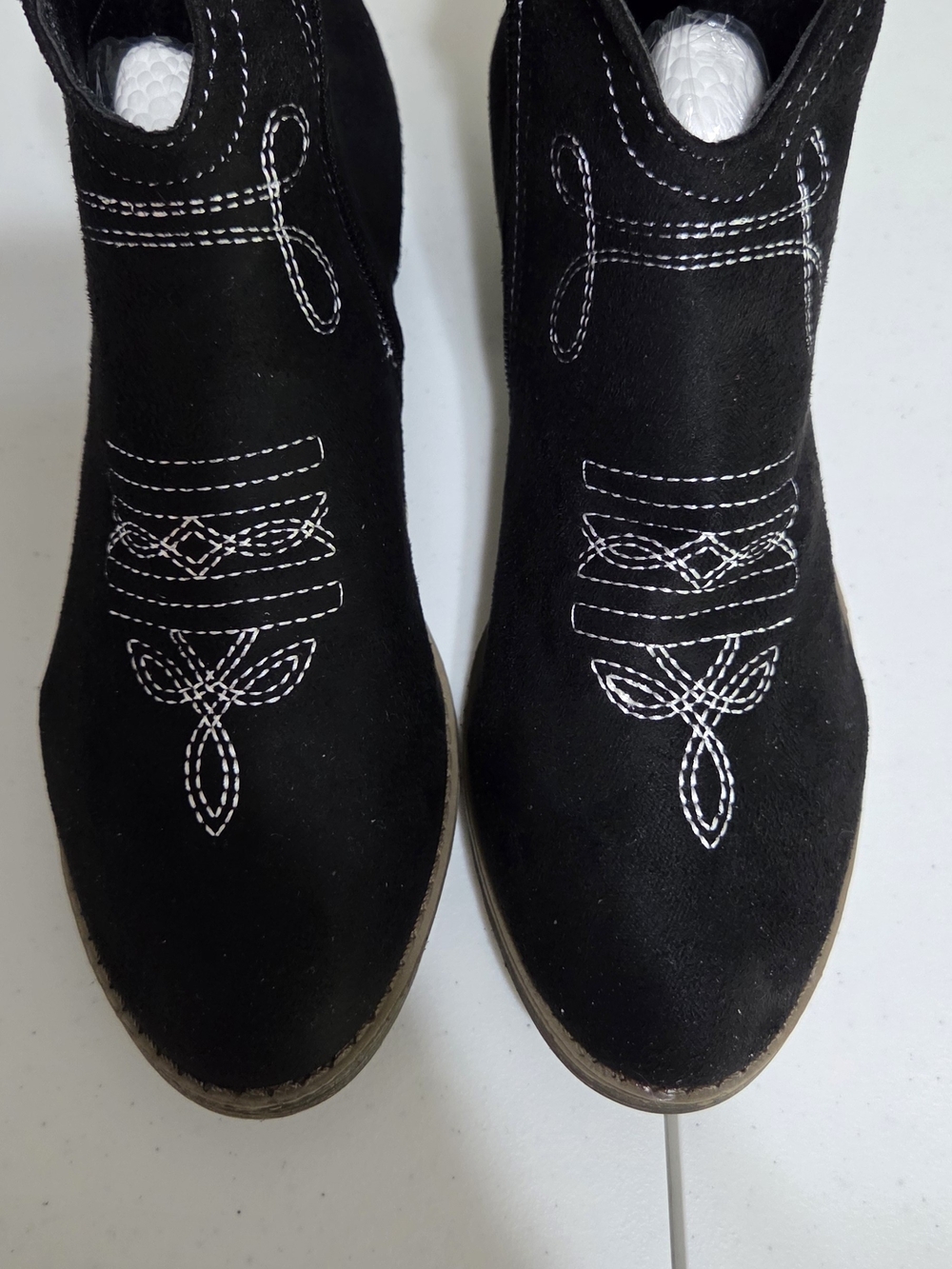 Black Suede Women's Ankle Booties with White Embroidered Detail